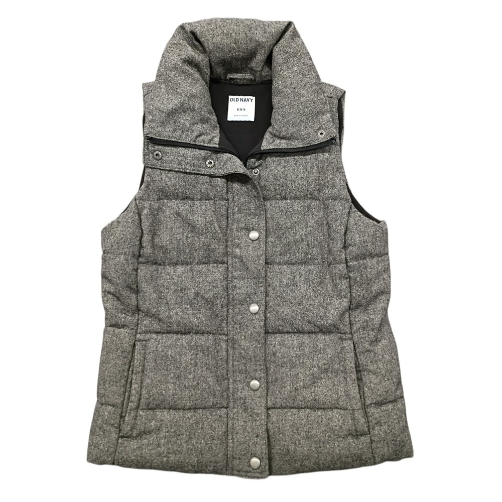 Old Navy Women's M Tweed Puffer Vest Heather Gray Fleece Lined Full Zip Warm
